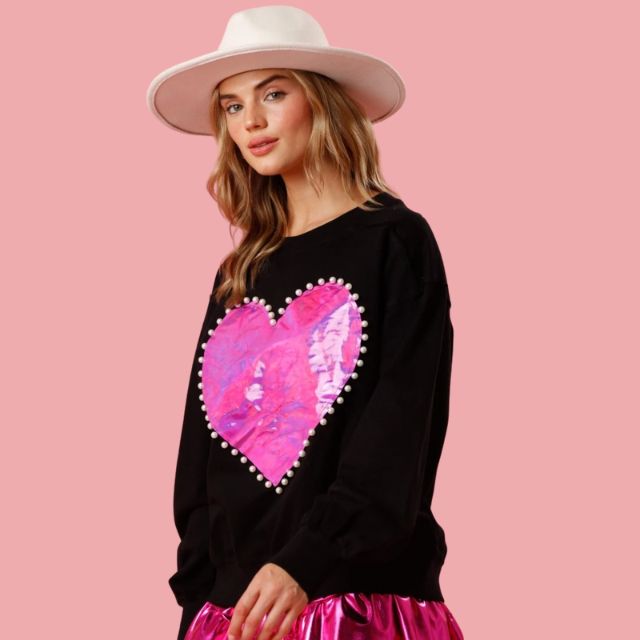 Dam Stickad Tröja Med Hjärta Applikation Tjockt Material-4