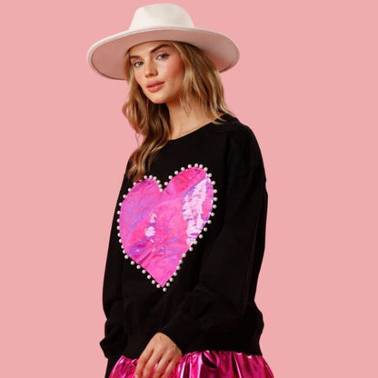 Dam Stickad Tröja Med Hjärta Applikation Tjockt Material-4