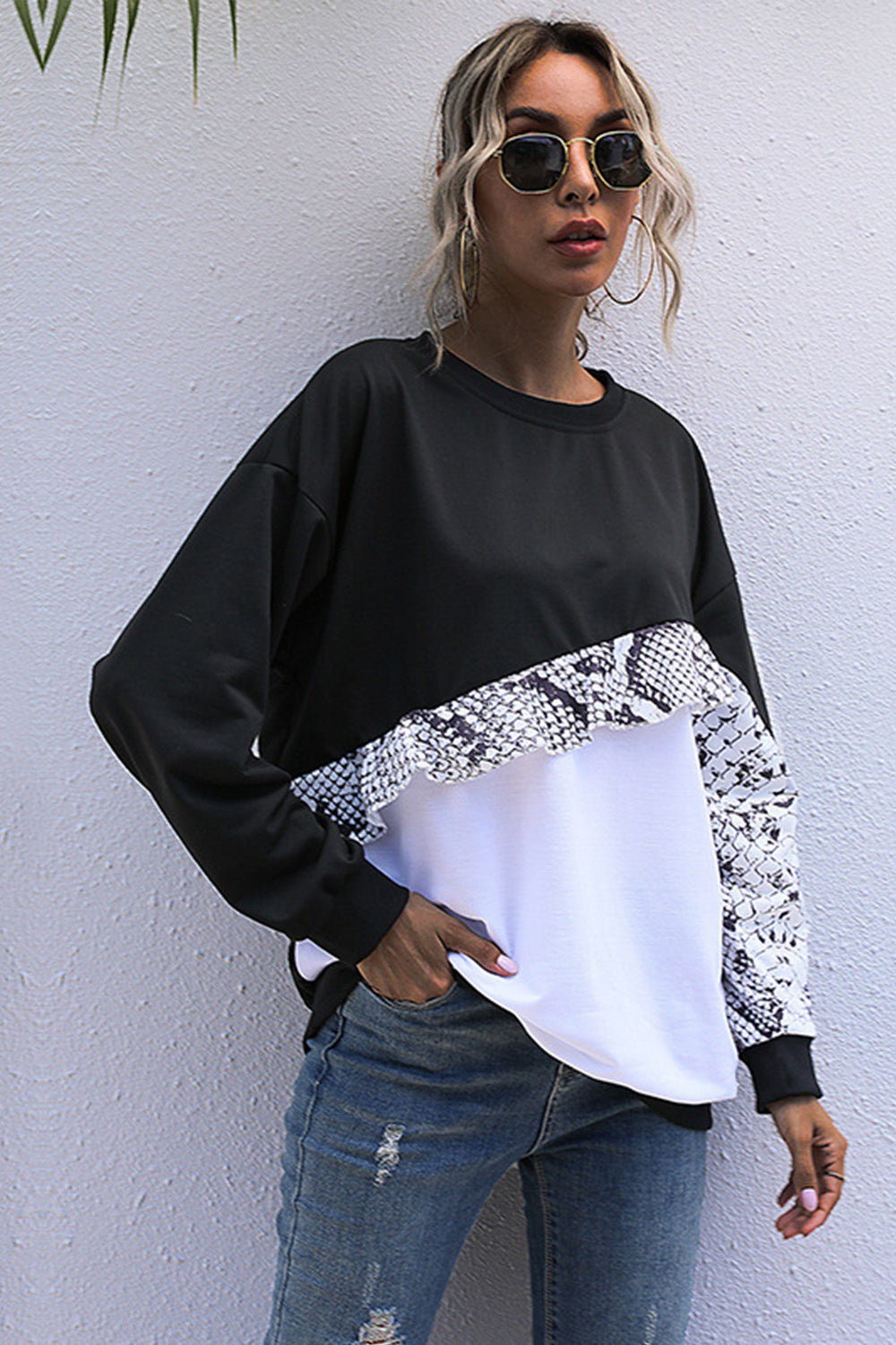 Dam Långärmad Tröja Leopardmönster Polyester Lös Passform-4