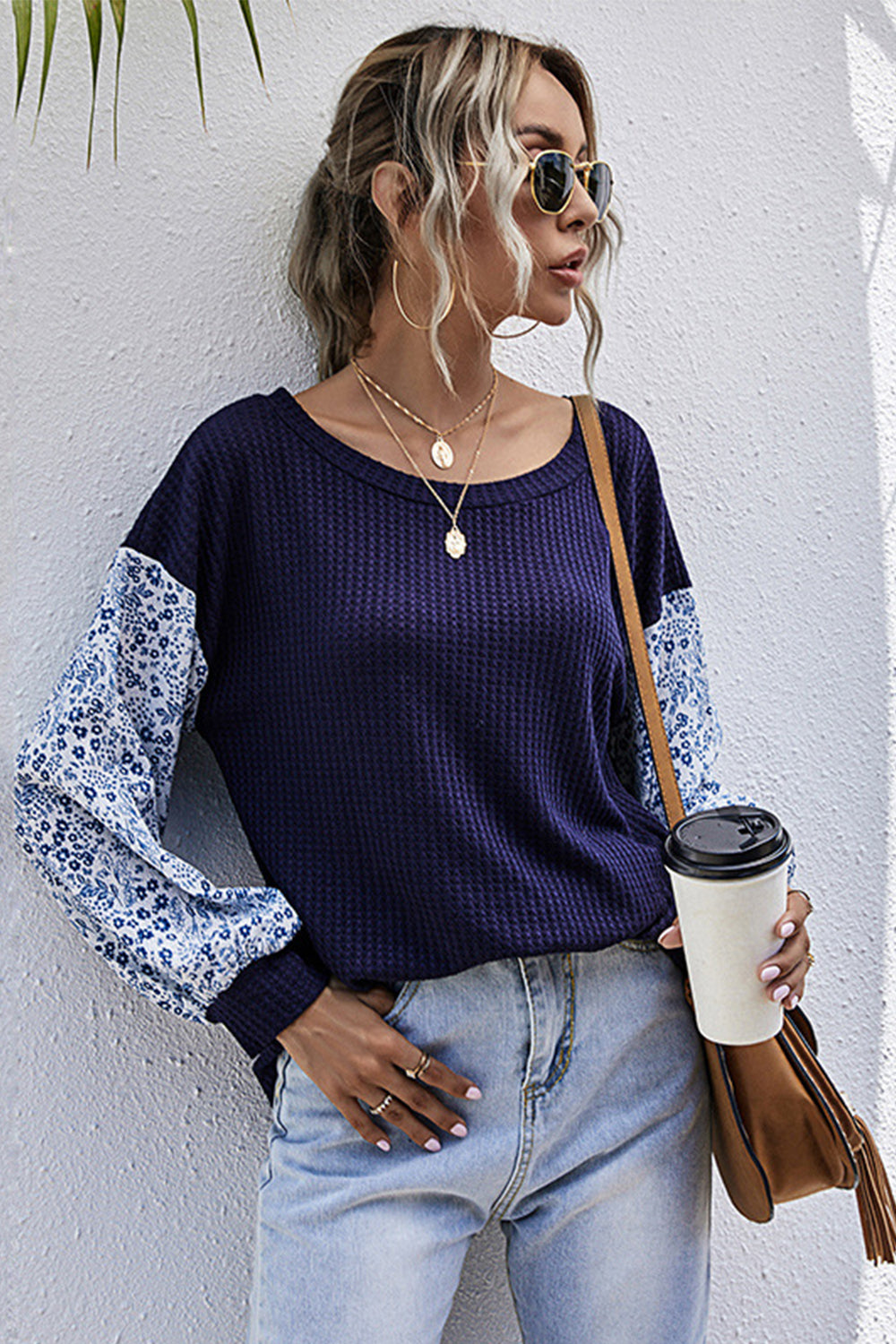 Dam Långärmad Topp Avslappnad Polyester Blommig Patchwork 1