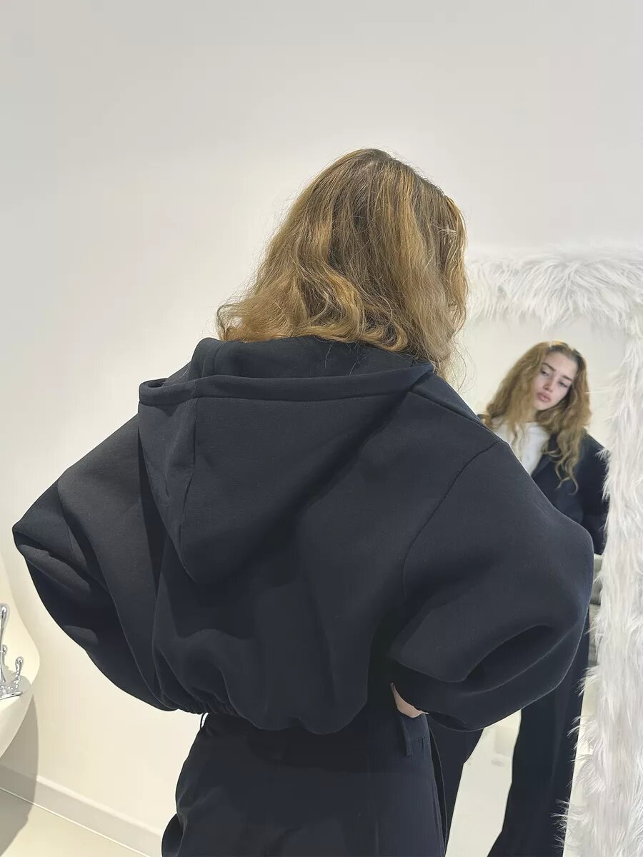 Dam Hoodie Kort Med Blixtlås Ballongärmar Bomullsblandning 2