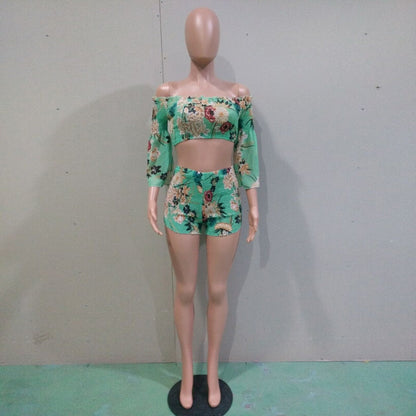 Dam Off-Shoulder Kort Set Polyester med Utställda Ärmar-5