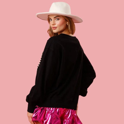 Dam Stickad Tröja Med Hjärta Applikation Tjockt Material-5