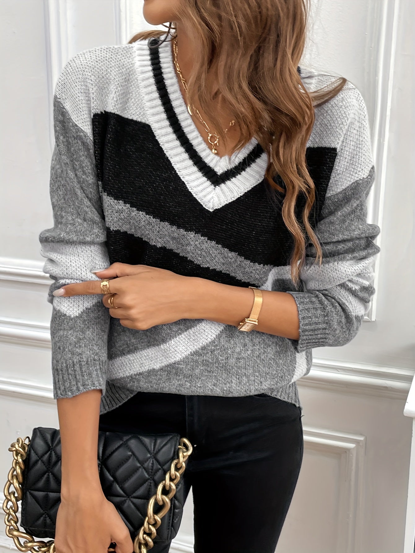 Dam Tröja Långärmad Färgblock V-hals Högkvalitativt Tyg 1