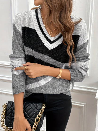 Dam Tröja Långärmad Färgblock V-hals Högkvalitativt Tyg 1