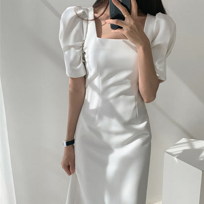 Dam Klänning Midi Fyrkantig Krage Bomull Polyester-4