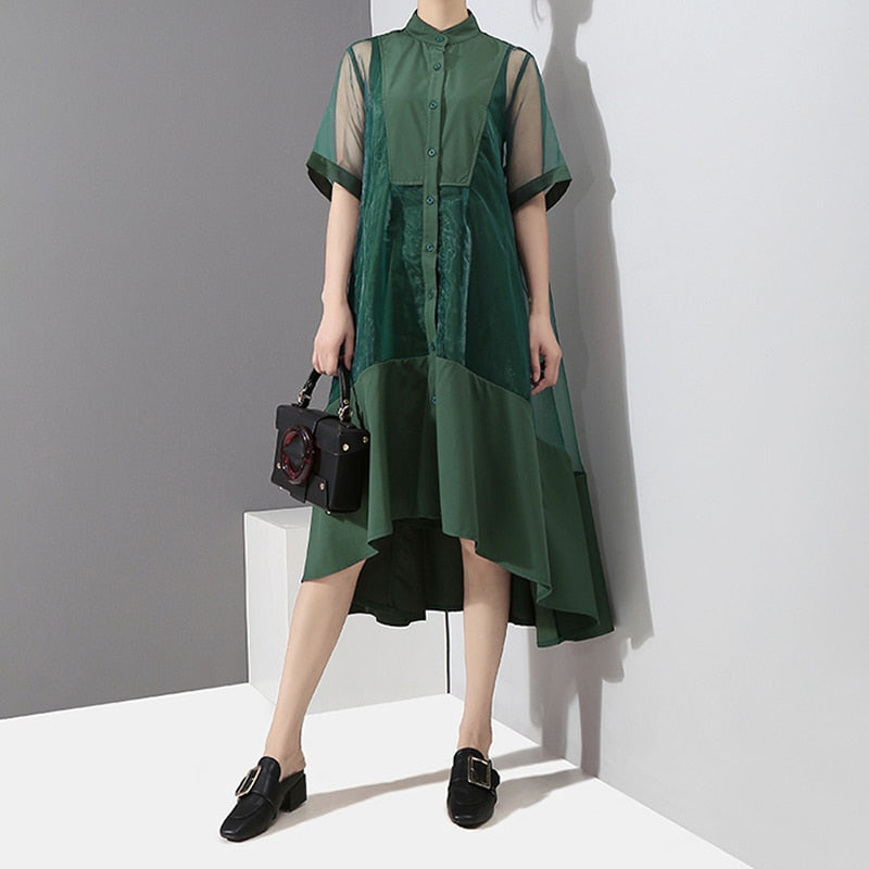 Kvinnors Midi Klänning Vikta Krage Mesh Polyester-3