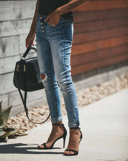 Dam Jeans Med Hög Midja Trasiga Klassisk Stil 98% Bomull-4