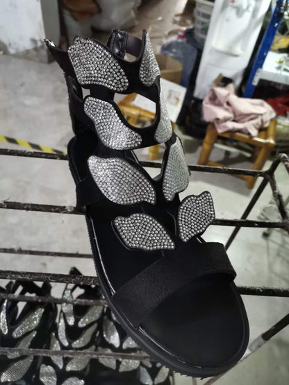 Dam Sandaler Öppen Tå PU-Läder med Fjäderlätt Sula och Fjäril Dekoration-6