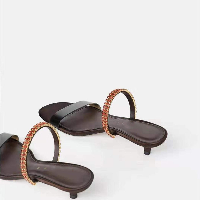 Dam Sandaler Slip-On Silke Gummi med Strass och Tunn Klack-4