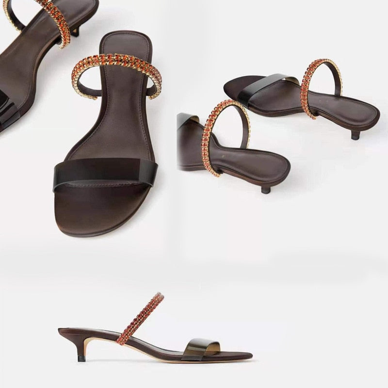 Dam Sandaler Slip-On Silke Gummi med Strass och Tunn Klack-5