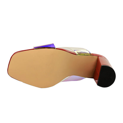 Dam Peep Toe Slipper Hologram Fyrkantig Klack PU-gummi-4
