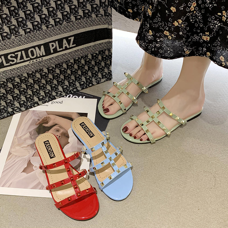 Dam Sandaler Flata PU-Läder med Nitar-6