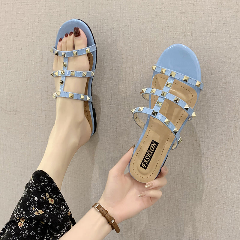 Dam Sandaler Flata PU-Läder med Nitar-3