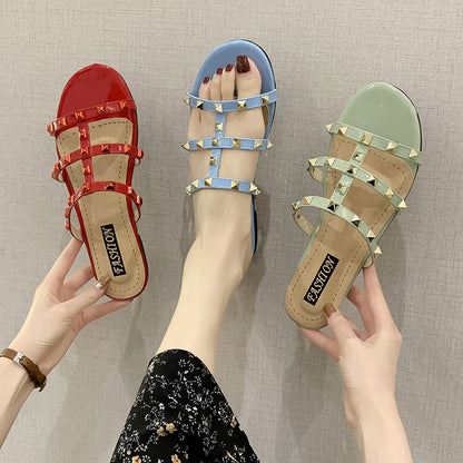 Dam Sandaler Flata PU-Läder med Nitar-4