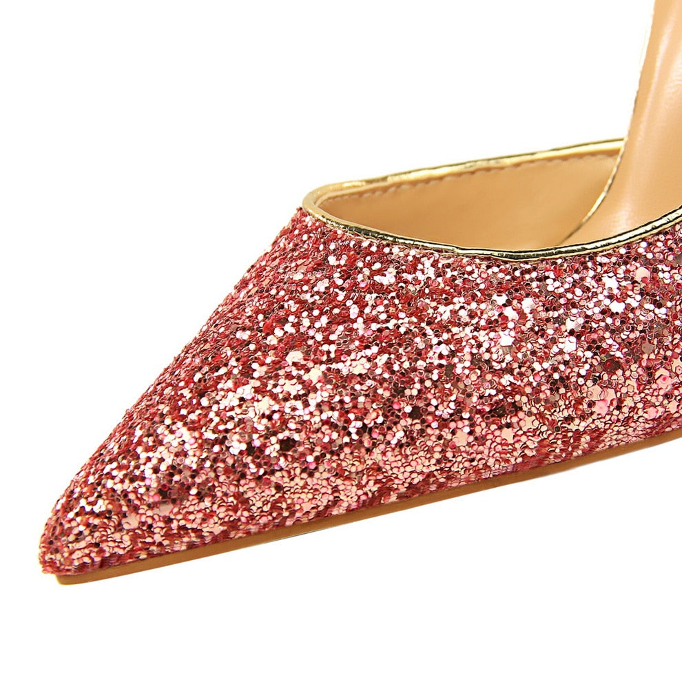 Dam Stiletto Pumps Glittriga Paljetter Hög Klack Gummi-4