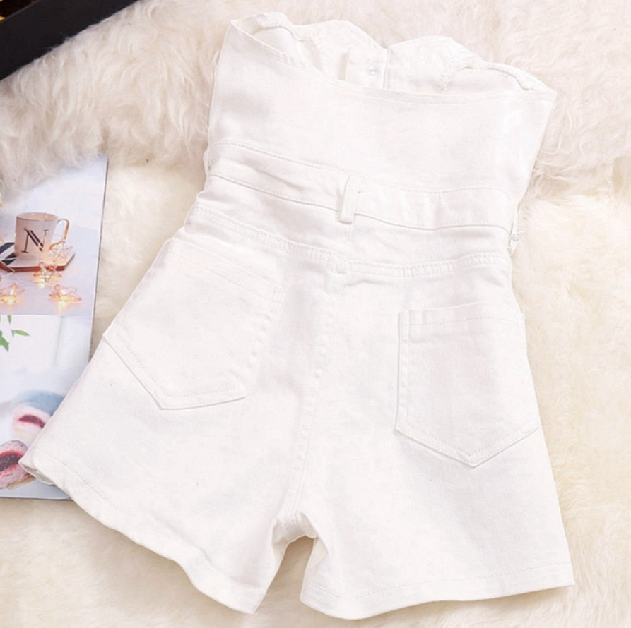 Dam Jumpsuit Kort Bomull och Denim med Ficka och Knappdekoration-3