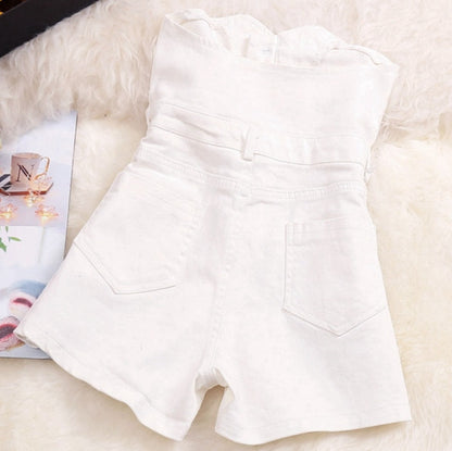 Dam Jumpsuit Kort Bomull och Denim med Ficka och Knappdekoration-3