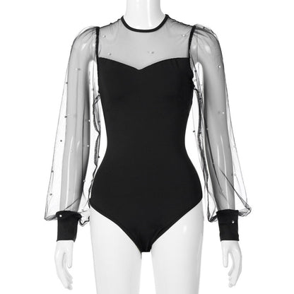 Variant image for Dam Bodysuit Transparenta Långa Ärmar med Pärldetaljer Polyester Spandex-1