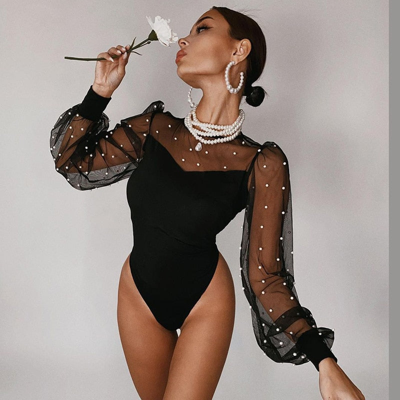 Dam Bodysuit Transparenta Långa Ärmar med Pärldetaljer Polyester Spandex-3