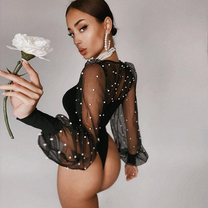 Dam Bodysuit Transparenta Långa Ärmar med Pärldetaljer Polyester Spandex-4