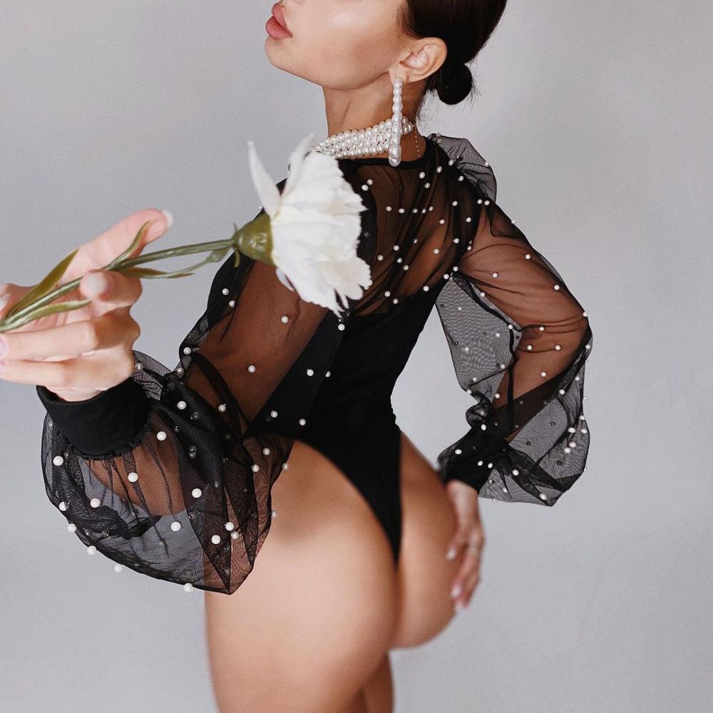 Dam Bodysuit Transparenta Långa Ärmar med Pärldetaljer Polyester Spandex-5