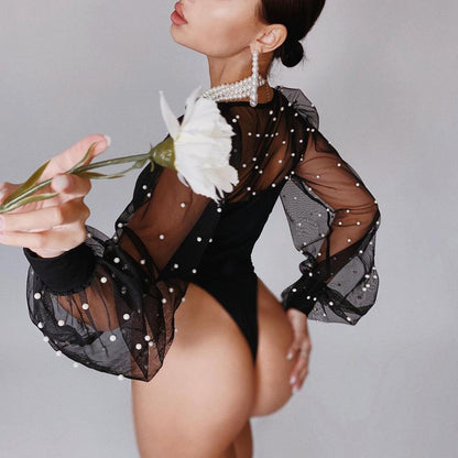 Dam Bodysuit Transparenta Långa Ärmar med Pärldetaljer Polyester Spandex-5