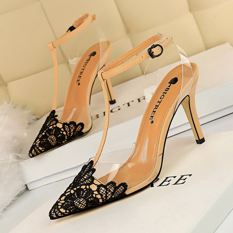 Dam Pumps Ankelremmar Spetsiga Tår PU Hög Klack-4