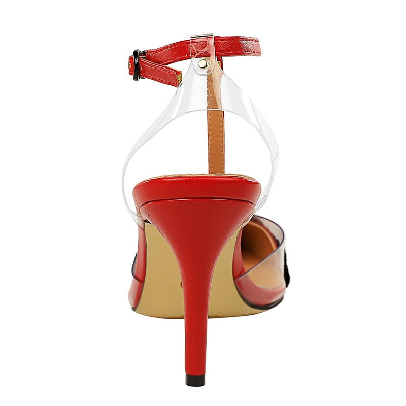 Dam Pumps Ankelremmar Spetsiga Tår PU Hög Klack-6