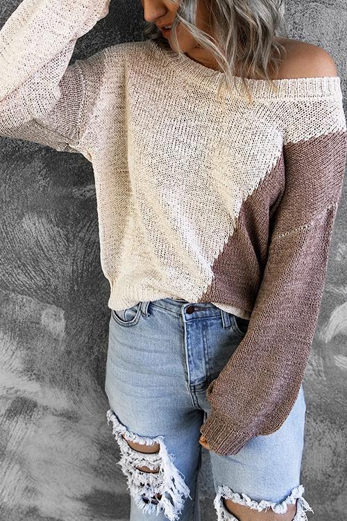 Stickad Dam Tröja Långärmad Färgblock Mjuk Textil-2