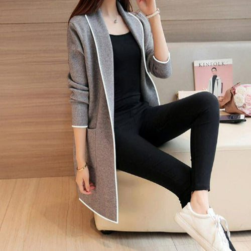 Lång Kofta Dam Stickad Mjuk med Sidofickor-1