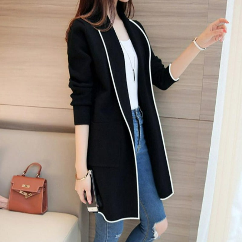 Lång Kofta Dam Stickad Mjuk med Sidofickor-6