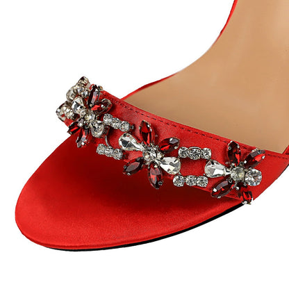 Dam Sandaler Spetsig Tå Satin Med Hög Klack och Rhinestone-Detaljer-6