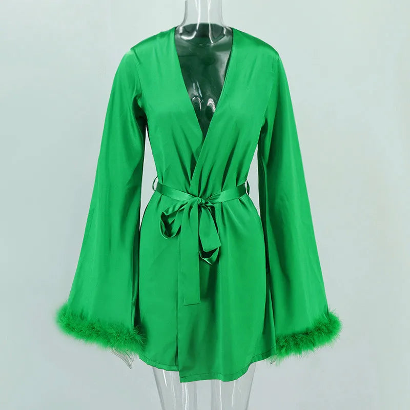 Dam Klänning Vårstil Satin med Fjäderdetaljer för Fina Tillfällen-5