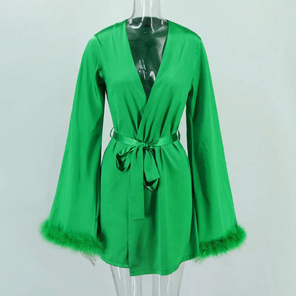 Dam Klänning Vårstil Satin med Fjäderdetaljer för Fina Tillfällen-5