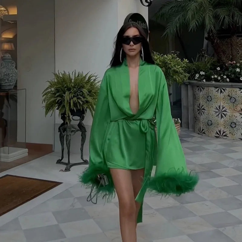 Dam Klänning Vårstil Satin med Fjäderdetaljer för Fina Tillfällen-2