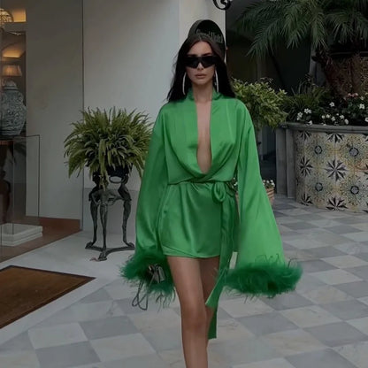 Dam Klänning Vårstil Satin med Fjäderdetaljer för Fina Tillfällen-2