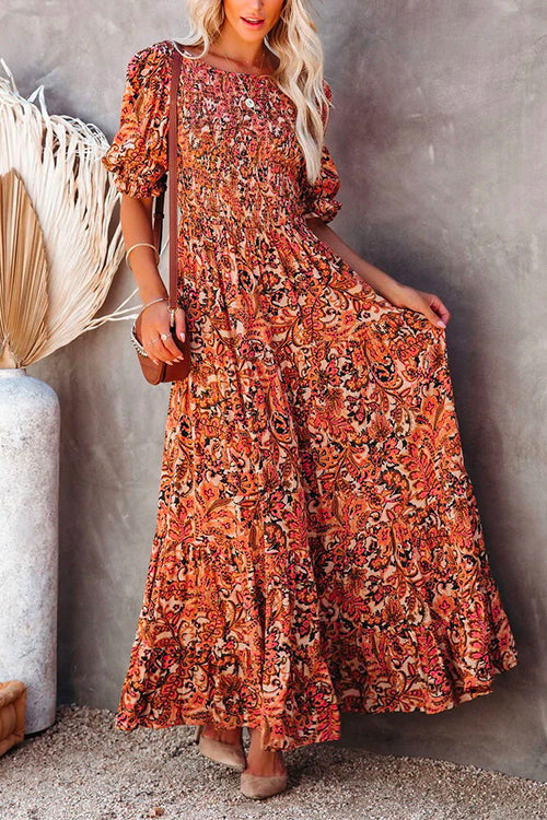 Dam Klänning Rynkad Swing Bomull Polyester Mönster-2