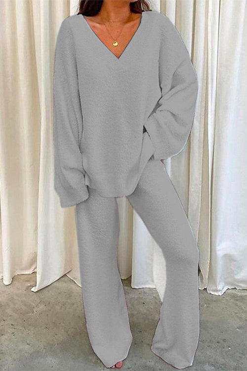 Dam Loungewear Set V-ringad Topp Batwing Ärmar Polyester Blandning-5
