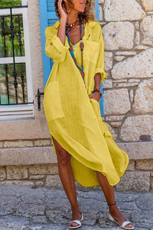 Damklänning med Knappar i Bomull och Linne - Fina Dam Klänningar-2