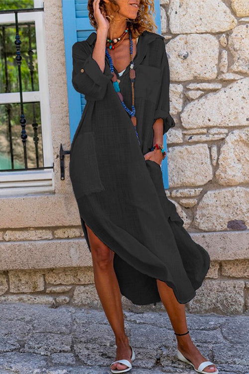 Damklänning med Knappar i Bomull och Linne - Fina Dam Klänningar-4