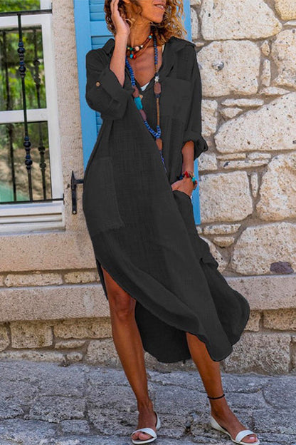 Damklänning med Knappar i Bomull och Linne - Fina Dam Klänningar-4