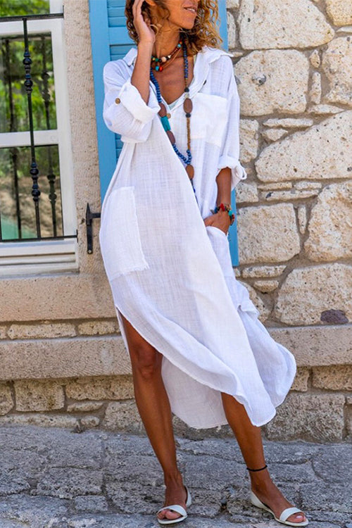 Damklänning med Knappar i Bomull och Linne - Fina Dam Klänningar-1