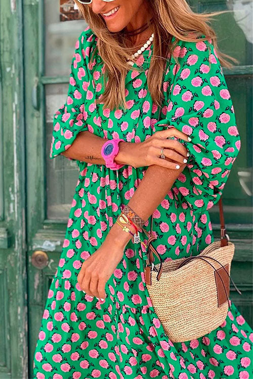 Dam Svängklänning Puffade Ärmar Geometriskt Tryck Bomull Polyester-3