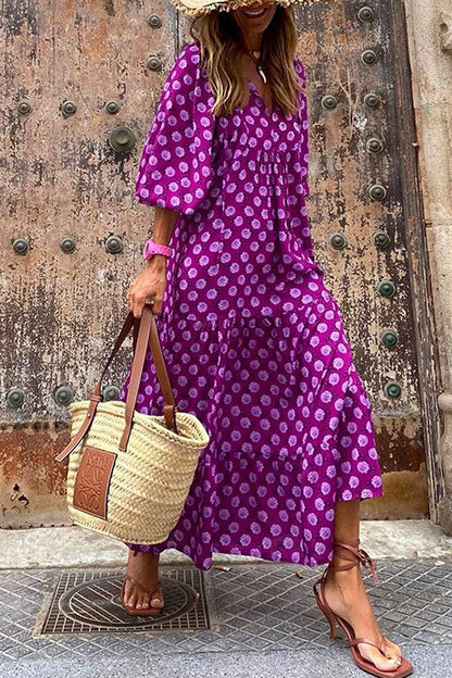 Dam Svängklänning Puffade Ärmar Geometriskt Tryck Bomull Polyester-5