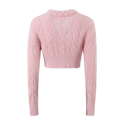 Dam Kort Kofta V-ringad Polyester med Kabelmönster-3