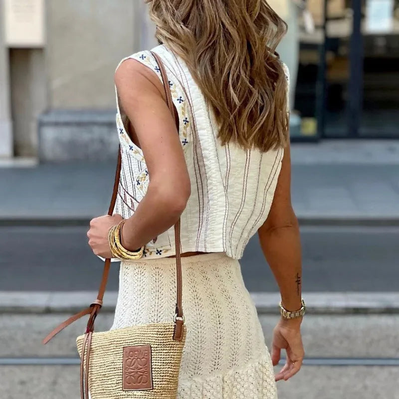 Dam Vintage Broderad Kofta 100% Bomull med Detaljerade Mönster-4