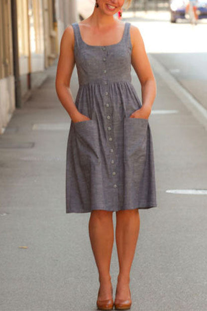 Dam Klänning U-Cut med Fickor i Bomull och Polyester-2