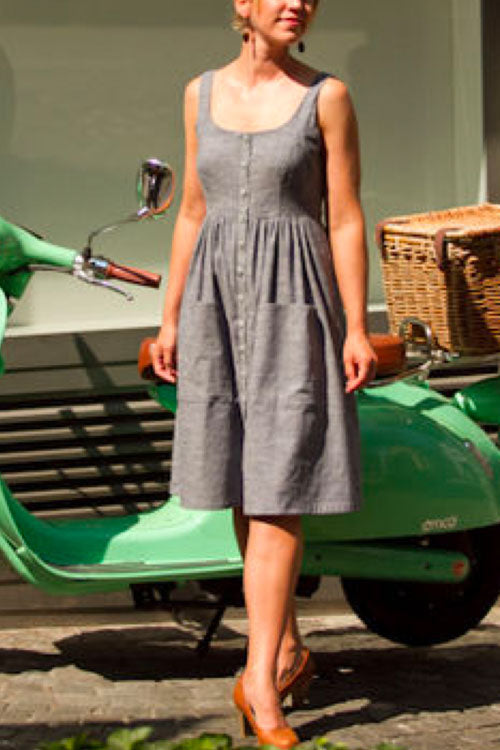 Dam Klänning U-Cut med Fickor i Bomull och Polyester-5