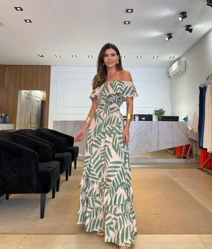 Maxiklänning Dam Bladmönster Lätt och Andningsbar Tyg-2